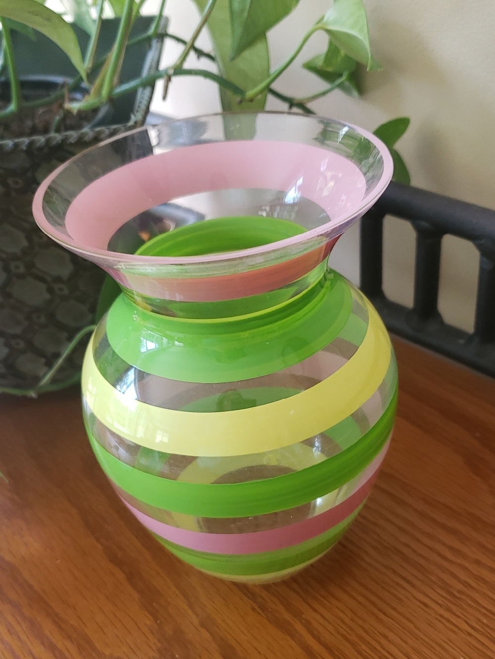 Teleflora Striped Glass Vase - Pink, Green & Yellow - Approx 7" Tall